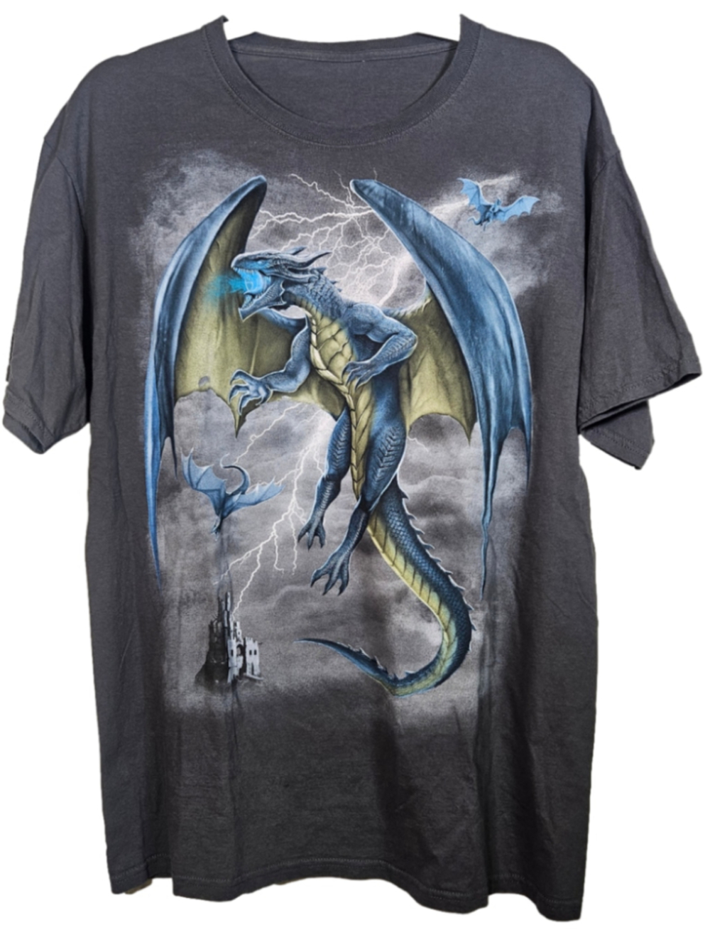 Dragon Fantasy Graphic T Shirt Men's XL Gray Gothic Medieval Castle Dragon Tee